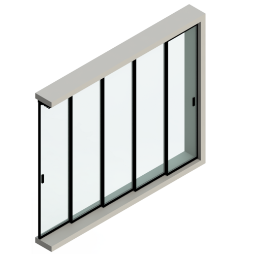 Viie paneeliga CGlass MAGIC lükandklaassüsteemi konfiguratsiooniskeem