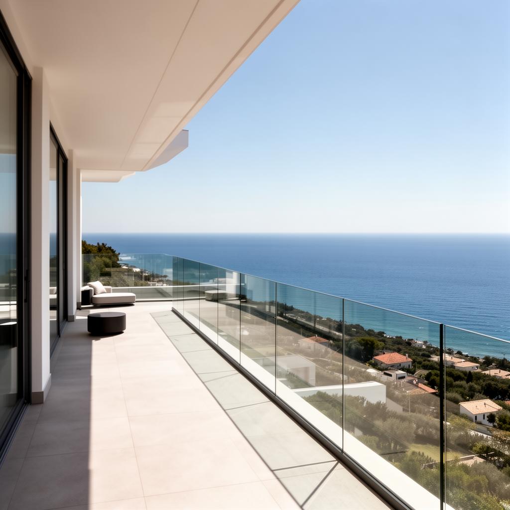Frameless ilma postideta klaaspiire modernsel terrassil merevaatega
